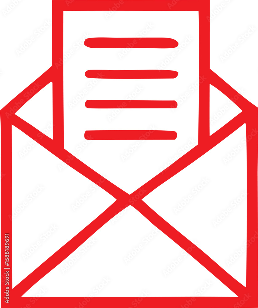 Poster simple red line drawing of an open envelope with a document inside representing communication and co