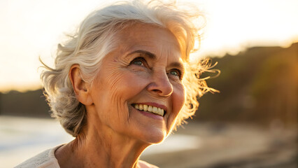 Inclusive Senior Skincare Joyful elderly woman smiling warmly, illuminated by sunlight at the beach.