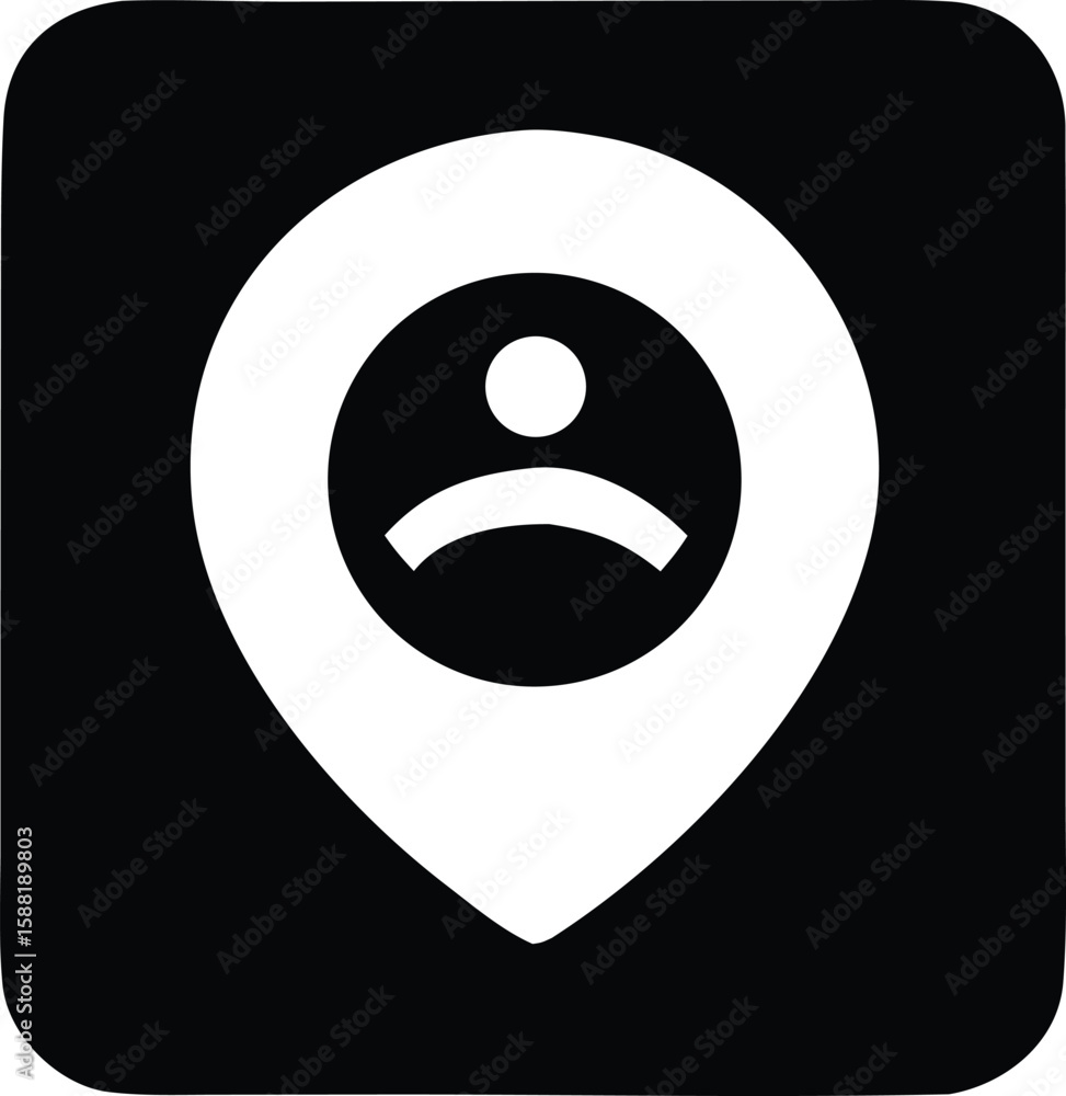 Poster simple white person icon inside a location pin marker on a black rounded square background represent