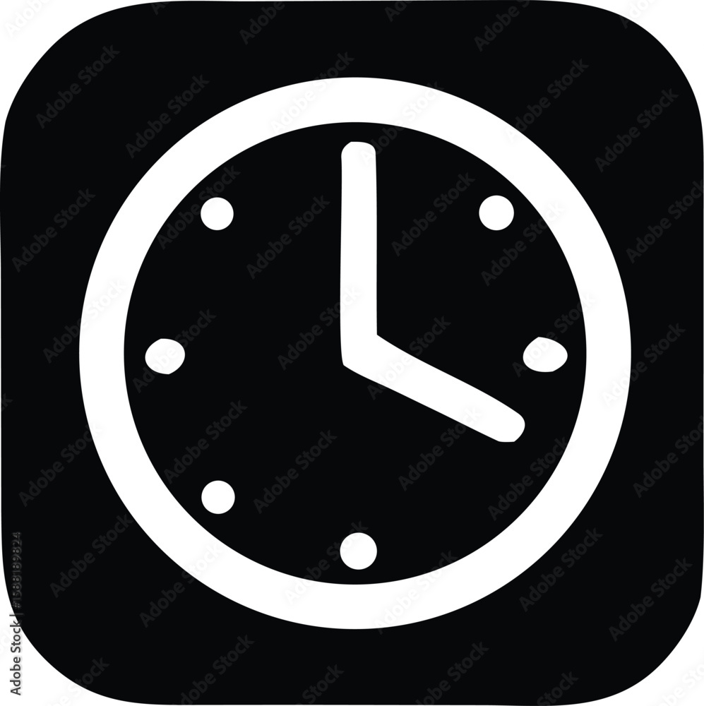 Poster a simple white clock face icon with rounded corners on a black background showing the time is approx