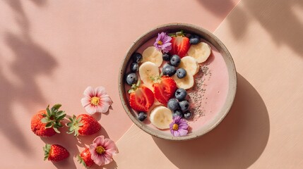 Vibrant smoothie bowl with fresh fruits and edible flowers bright home kitchen photography