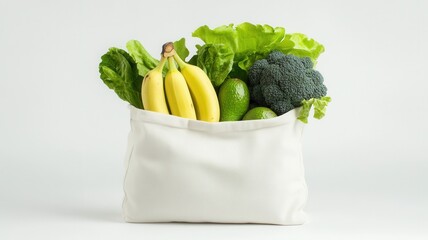 Reusable shopping bag full of organic fresh vegetables and fruits promoting healthy lifestyle and sustainable consumption