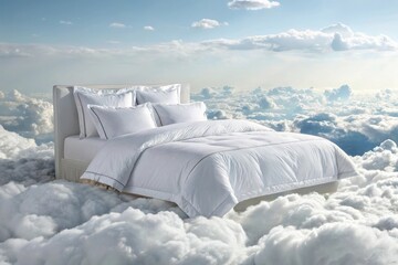 Luxurious white bed floating amongst soft clouds under a blue sky
