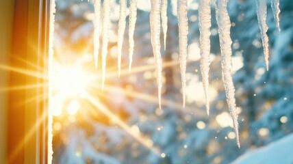 Winter sunlight melting from window icicles frame, casting soft bokeh highlights against blurred background