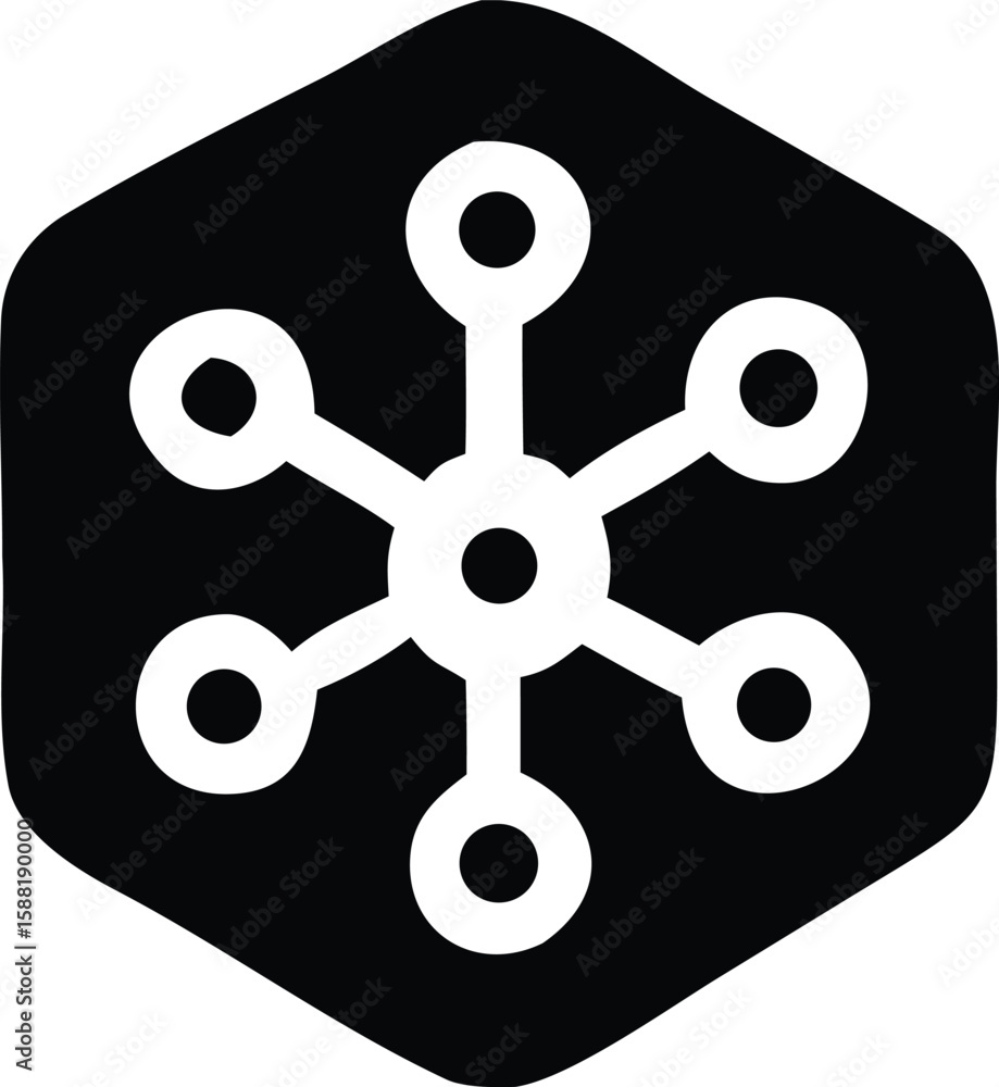 Poster a stylized white hexagonal icon depicting a central hub connected to six surrounding circular nodes 