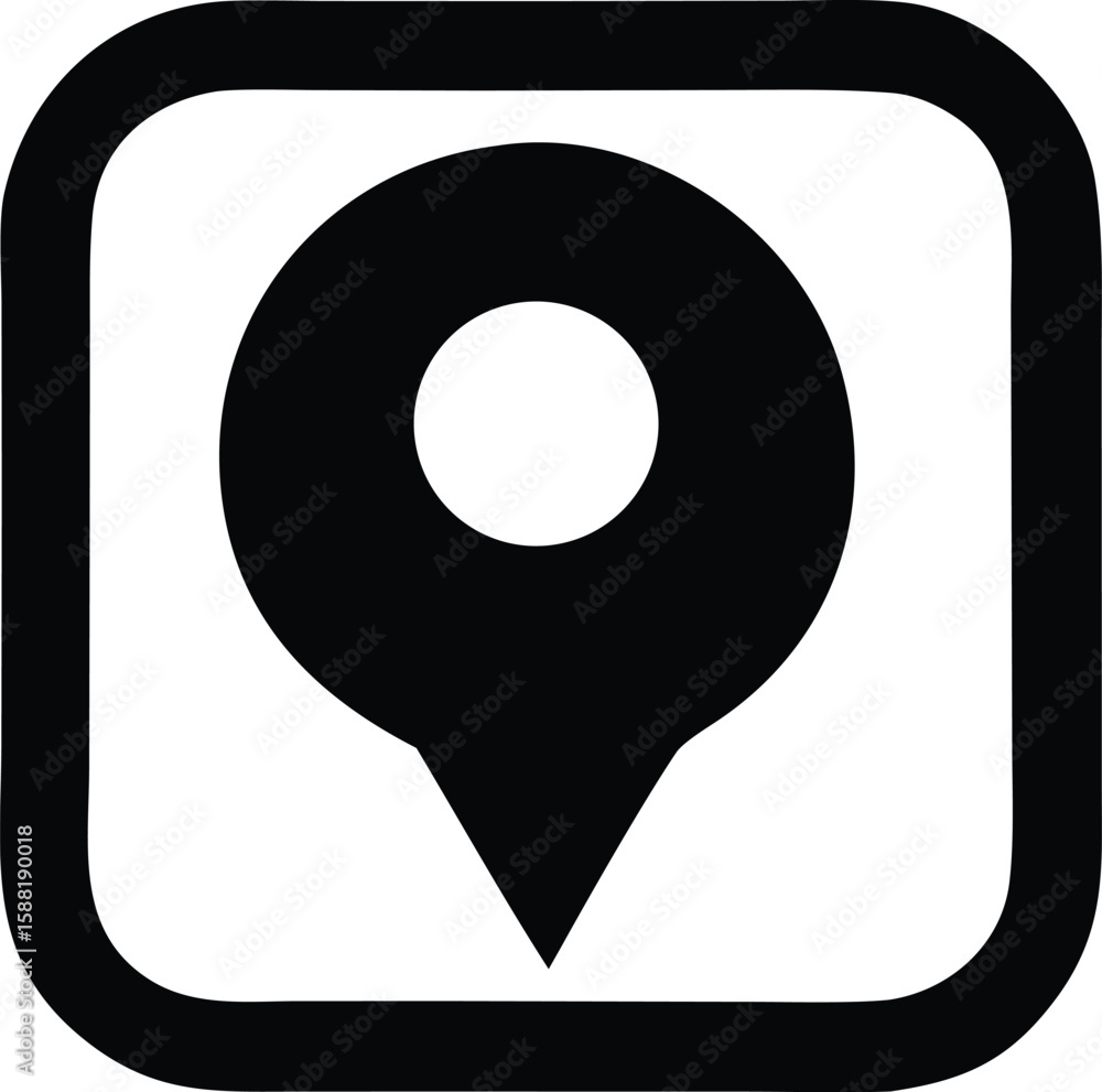 Poster a bold black location pin icon with a circular center is enclosed within a thick rounded square bord