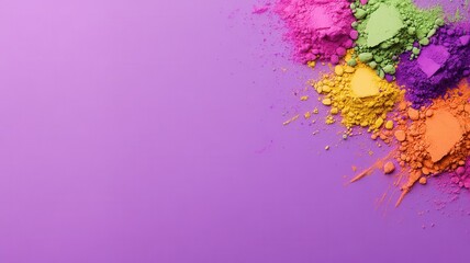 Vivid powder pigments scattered across purple surface, forming dynamic color explosion with ample negative space