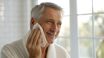 Inclusive Senior Skincare A man smiles while applying a towel to his face, enjoying a moment of self-care in a bright setting.
