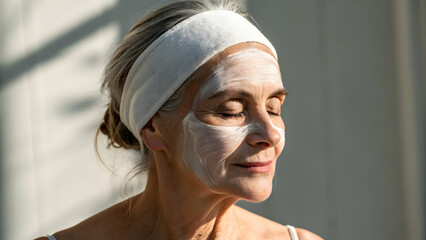 Inclusive Senior Skincare A woman relaxes with a facial mask, enjoying self-care in natural light.