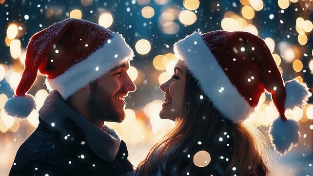 Festive couple wearing holiday santa hats, cuddling amid falling snow near sparkling embracing, city lights