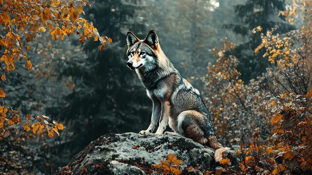 Wolf calmly sitting on a rock in a misty forest surrounded by autumn foliage, wolf sitting in the forest on a rock seamless time lapse virtual video Background