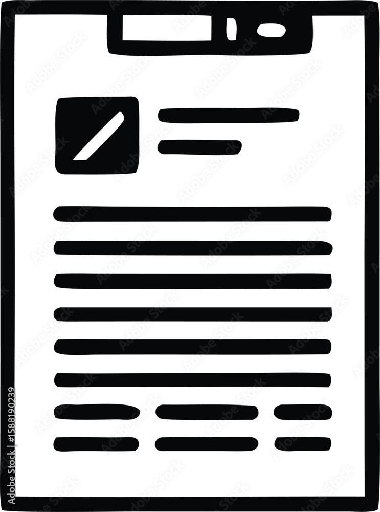 Poster simple black and white hand drawn illustration of a document or web page layout with text and an ima