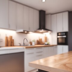 A modern, bright kitchen with minimalist design emphasizing clean lines and warm, inviting