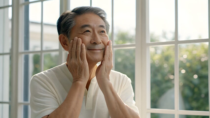 Inclusive Senior Skincare Smiling elderly man enjoying a peaceful moment by a sunny window.