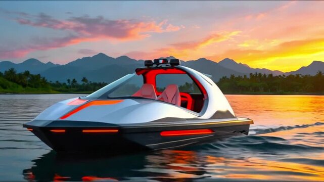A futuristic, sleek boat on a body of water at sunset with mountains in the background. The boat has a vibrant red and white design with a modern, aerodynamic shape.