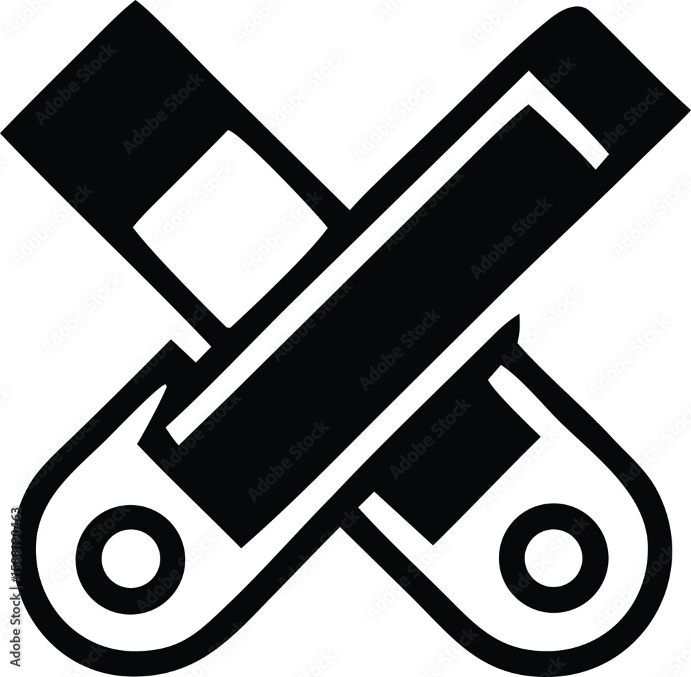 Poster stylized black and white icon featuring two crossed objects with circular ends and sharp pointed tip