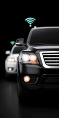 Black and white SUVs with illuminated headlights and WiFi symbols against a dark background