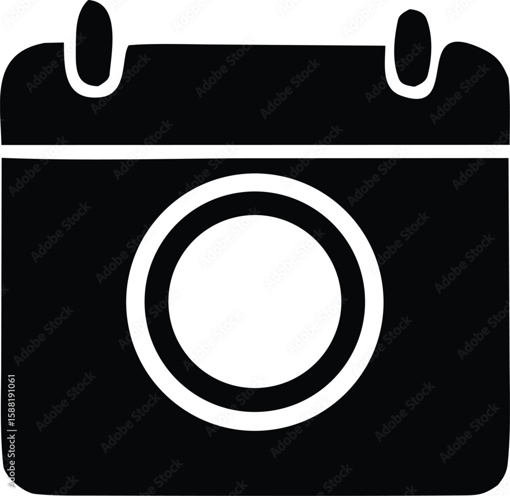 Poster simple black and white icon representing a calendar page with a circular emblem or target symbol in 