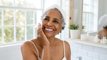 Inclusive Senior Skincare Smiling elderly woman applying skincare in a bright, modern bathroom setting.