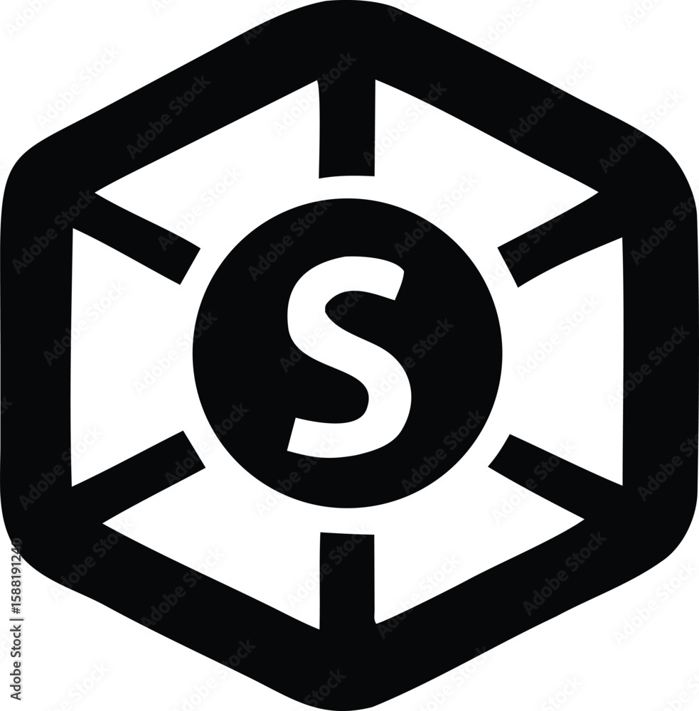 Poster a bold black abstract geometric logo featuring a central white letter s inside a circle surrounded b