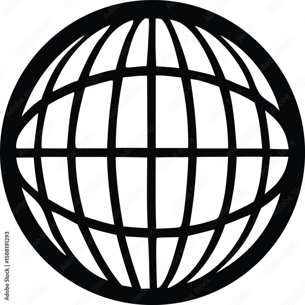 Poster stylized black and white graphic representation of a globe with a grid of latitude and longitude lin