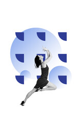 Template poster trend artwork photo collage of young woman jump model posing wear dress slim figure...