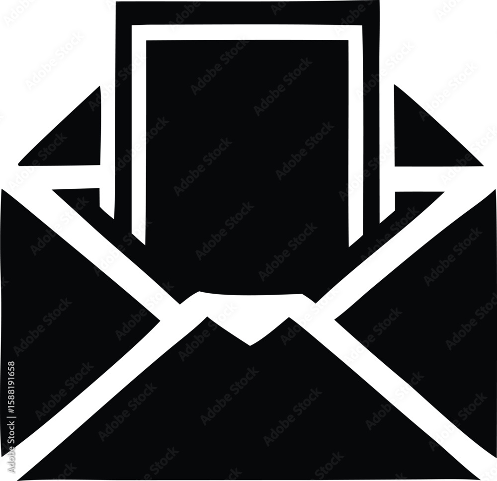 Poster simple black and white graphic icon depicting an open envelope with a letter inside representing com
