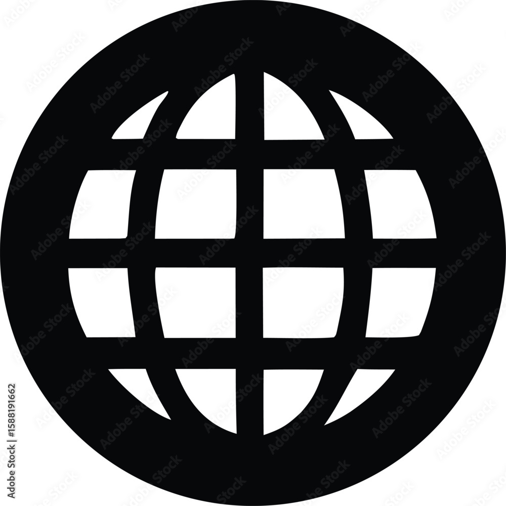 Poster a simple black and white graphic icon representing the earth with a grid overlay symbolizing global 