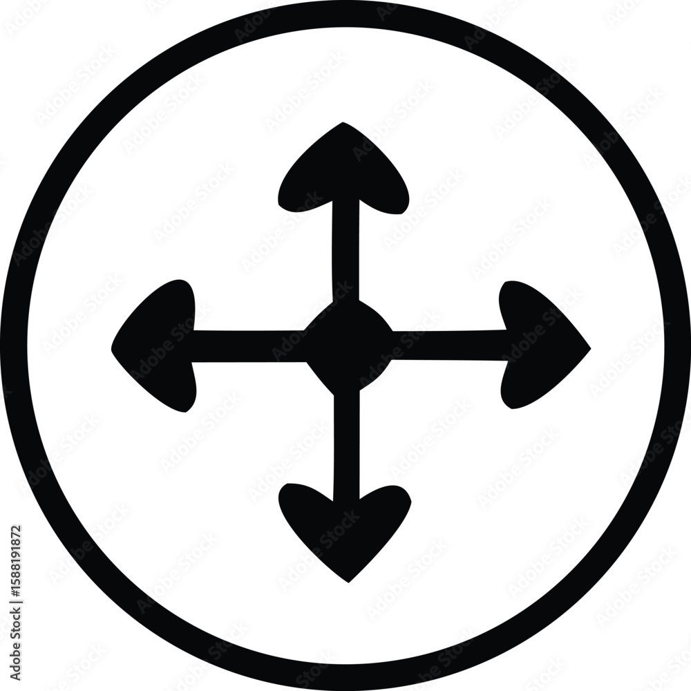 Poster a black directional cross symbol with four heart shaped arrows pointing outwards from a central circ