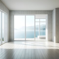 Fototapeta premium Sunlight streams into a modern, minimalist room showcasing a serene ocean view with soft light.