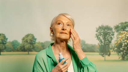 Inclusive Senior Skincare An elderly woman applying skincare in a serene outdoor setting.