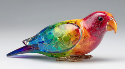 Close up of a colorful glass bird figurine with rainbow hues on a neutral background studio shot