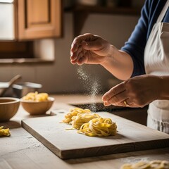 Hands Gently Dusting Flour Over Freshly Made Pasta Dough, Capturing the Essence of Traditional Italian Cooking and Culinary Craftsmanship in a Warm Kitchen Setting