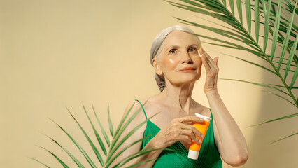 Inclusive Senior Skincare A woman applies cream while surrounded by palm leaves against a light background.