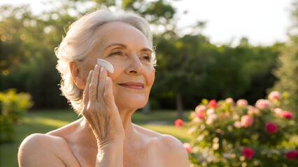 Inclusive Senior Skincare A joyful older woman applies skincare in a lush garden, embodying beauty and self-care.