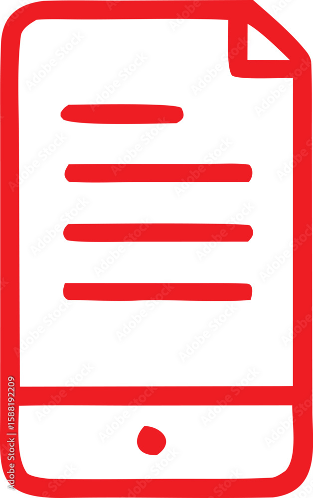 Poster simple red outline drawing of a document or paper with horizontal lines and a circle at the bottom o