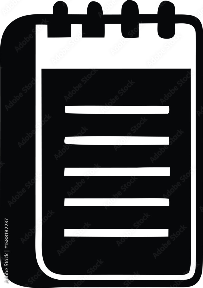 Poster simple black and white icon of a spiral bound notepad with lined pages representing notes and organi