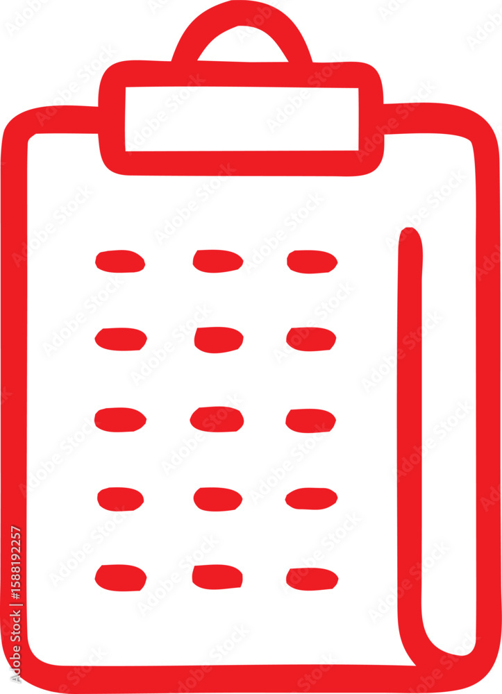 Poster simple red outline drawing of a clipboard with a list of items or checkboxes for tasks and notes