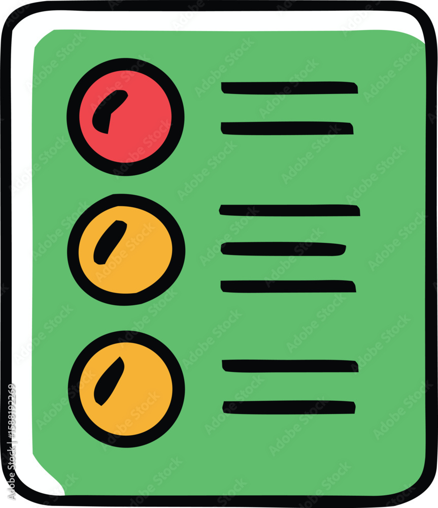 Poster simple hand drawn checklist icon with red and yellow circles and black horizontal lines on a green b