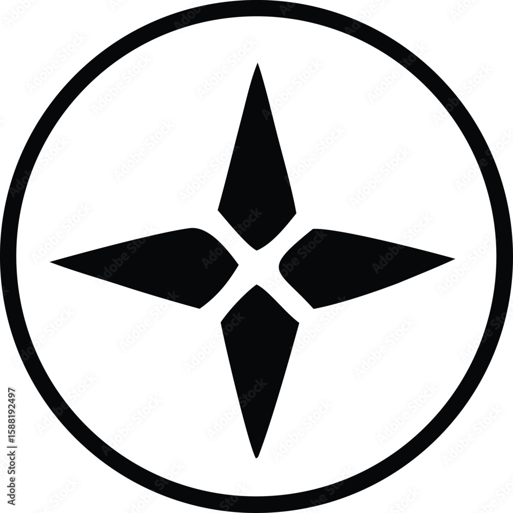 Poster a stylized black four pointed star shape with curved inner edges enclosed within a thick black circu