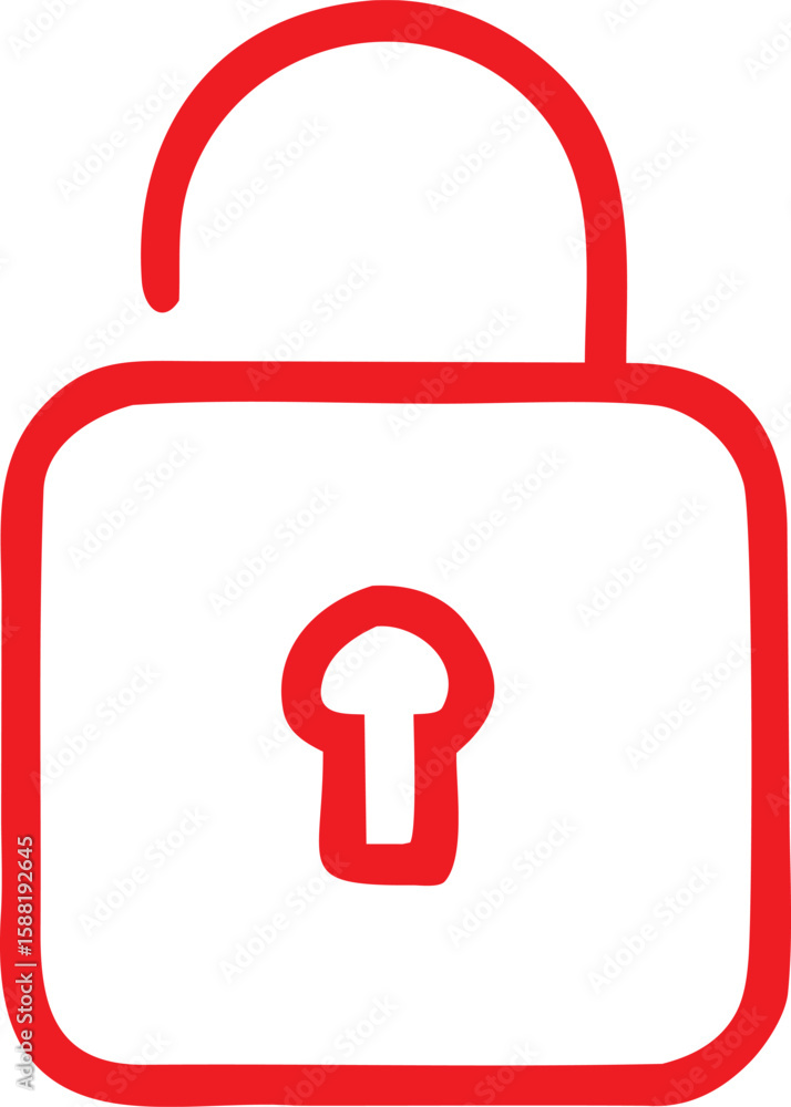 Poster simple red outline drawing of an unlocked padlock with a keyhole symbolizing security and freedom in