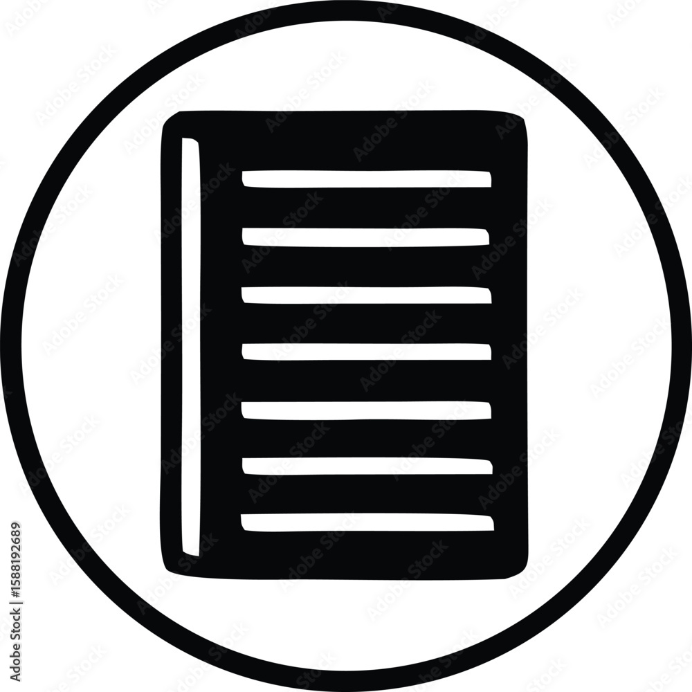 Poster simple black and white icon representing a document or paper with horizontal lines inside a circular