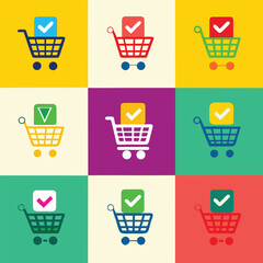 Collection of nine vibrant flat design shopping carts each with a colored square and a checkmark symbol indicating successful purchase or selection