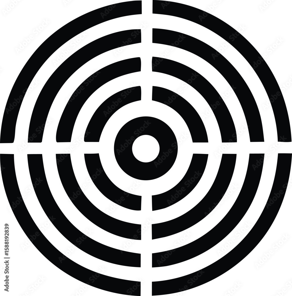 Poster concentric black and white circles divided by four vertical and horizontal lines creating a target o