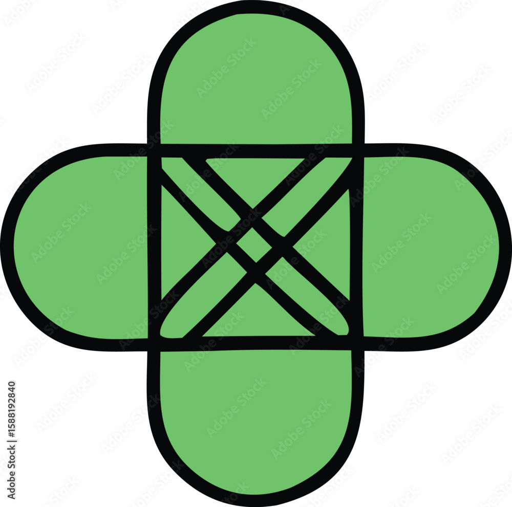Poster abstract green geometric cross shape with rounded ends and intersecting black lines forming a centra