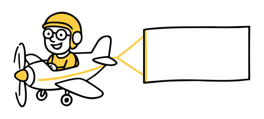 Fototapeta premium Airplane in Flight with Blank Advertising Space. Airplane with Banner, Pilot in Cockpit, Sky Advertising Concepts. Hand-Drawn Doodle Style Line Vector Illustration