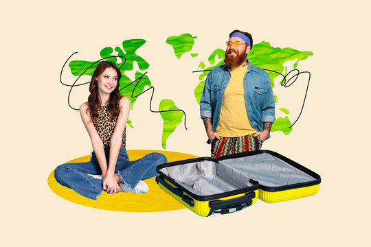 3D collage design composite trend artwork sketch of couple young man lady prepare baggage map world beach trip voyage tourist weekend