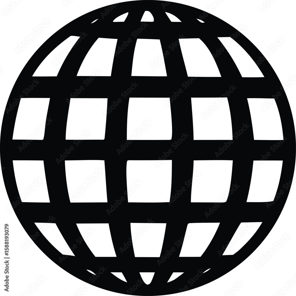 Poster stylized black and white globe icon with a grid pattern representing continents and oceans on a plai