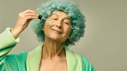 Inclusive Senior Skincare A smiling woman with curly hair applies facial serum, embodying self-care and confidence.