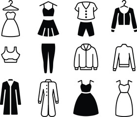 Naklejka premium Collection of simple clothing icons representing dresses tops pants and jackets